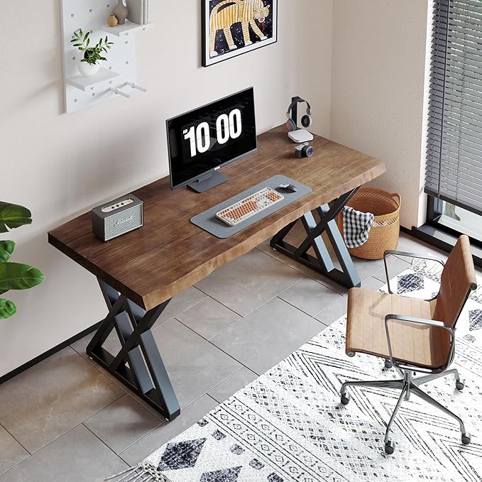 Solid Wood Computer Desk Study Office Desk 55" Writing Desk, Modern Simple Style PC Table, Black Metal Frame, Solid Wood Planks 55" D x 27" W x 29" H for Home Office Bedroom,Rustic Brown