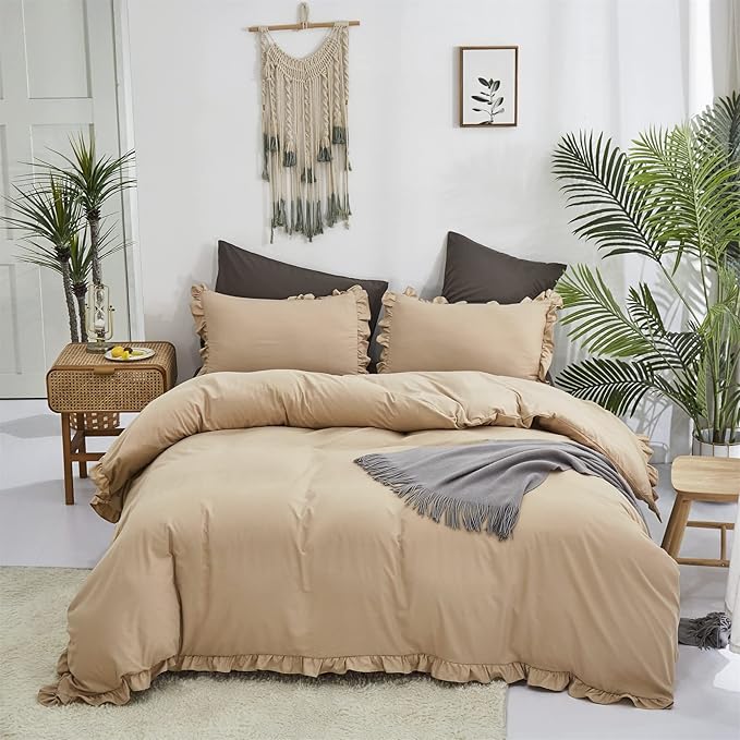 Luxlovery Champagne Ruffle Comforter Set Queen Farmhouse Shabby Khaki Bedding Comforter Set Queen Size Taupe Sand Color Quilts Blankets Vintage Shabby Soft Breathable Boho Bedding Set