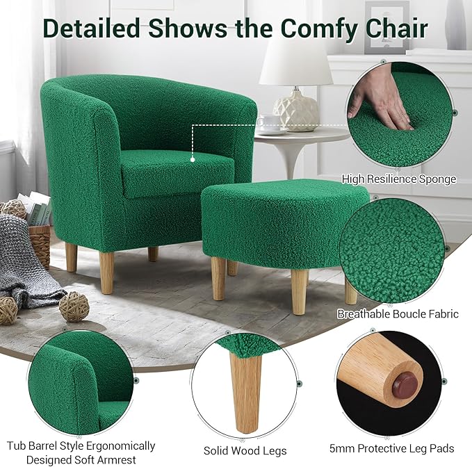 DAZONE Sherpa Accent Chair with Ottoman, Forest Green Cozy Barrel Armchair for Adults, Upholstered Living Room Chair with Footrest, Small Space Reading Chair for Bedroom, Apartment, Home Office