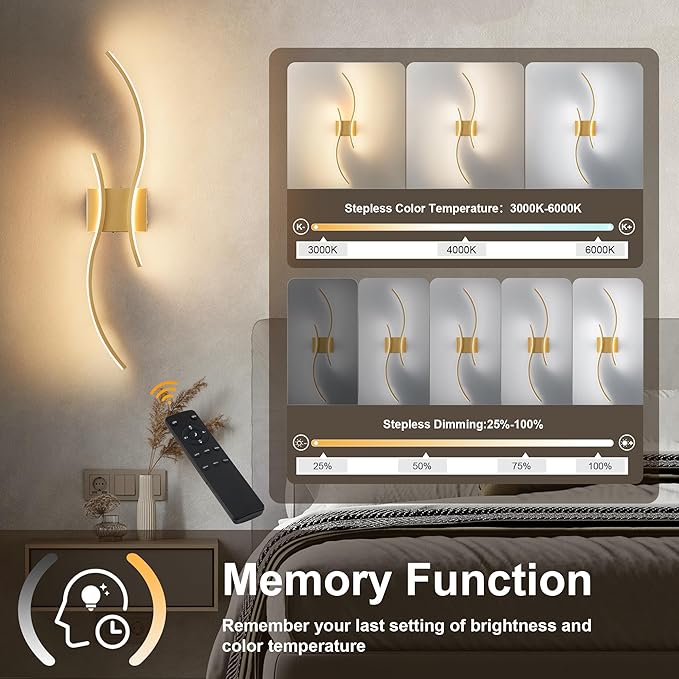 Battery Operated Wall Sconces Set of Two with Remote Control, Stepless Colors 3000K-6000K & Dimming, LED Gold Wireless Wall Light for Living Room, Hallway, Bedroom, 27.5 Inch (2 Pack)