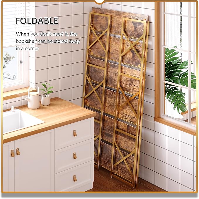 4NM Extra Wide 6 Tiers No Assembly Book Shelves, 61.8" H Folding Bookshelf Bookcase Open Industrial Foldable Shelves for Bedroom, Living Room, Home Office - Rustic Brown Gold