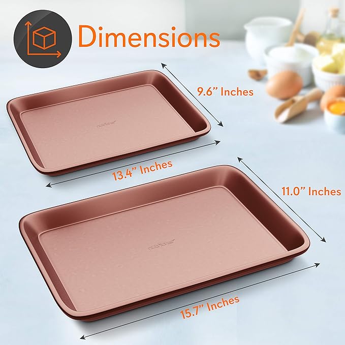 NutriChef 2-Piece Nonstick Cookie Sheets for Baking - Premium Medium & Large Size Baking Sheet Set - Thick Carbon Steel Bakeware Trays - Dishwasher Safe, Rose Gold