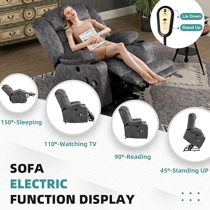 MEETWARM Large Power Lift Electric Recliner Chair with Extended Footrest for Elderly Big Tall Man, Overstuffed Wide Recliner with Massage and Heat, 2 Remote Controls/USB Ports/4 Side Pockets(Grey)
