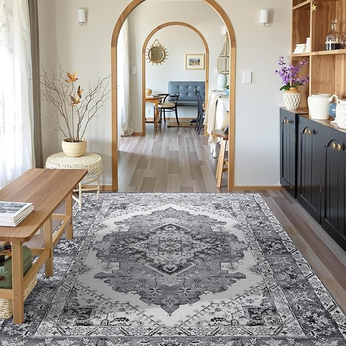 Living Room Rug 6x9 Rug, Machine Washable Area Rug Non Slip Low Pile Rug for Living Room, Bedroom, Farmhouse, Dining Room, Grey
