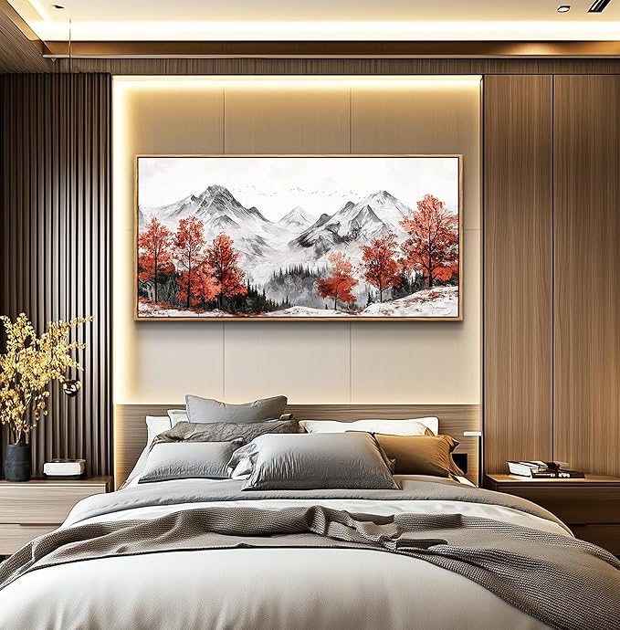 PHAOHUAXM Canvas Wall Art For Living Room Large Wall Decor For Bedroom Red Tree Ink-Wash Mountain Landscape Painting Wall Pictures Office Modern Restaurant Room Home Decoration Wood Framed 20"X40"