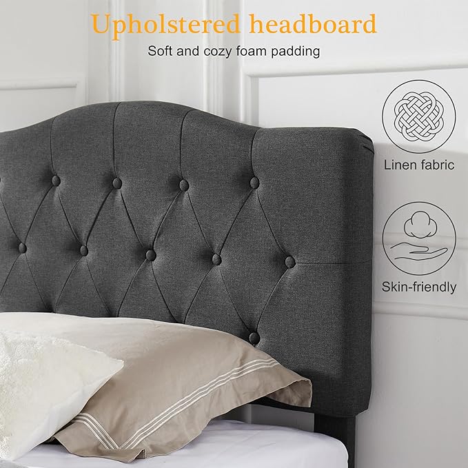 VECELO Twin Size Platform Bed Frame with Fabric Upholstered Headboard and Wooden Slats Support, No Box Spring Needed/Easy Assembly,Dark Grey