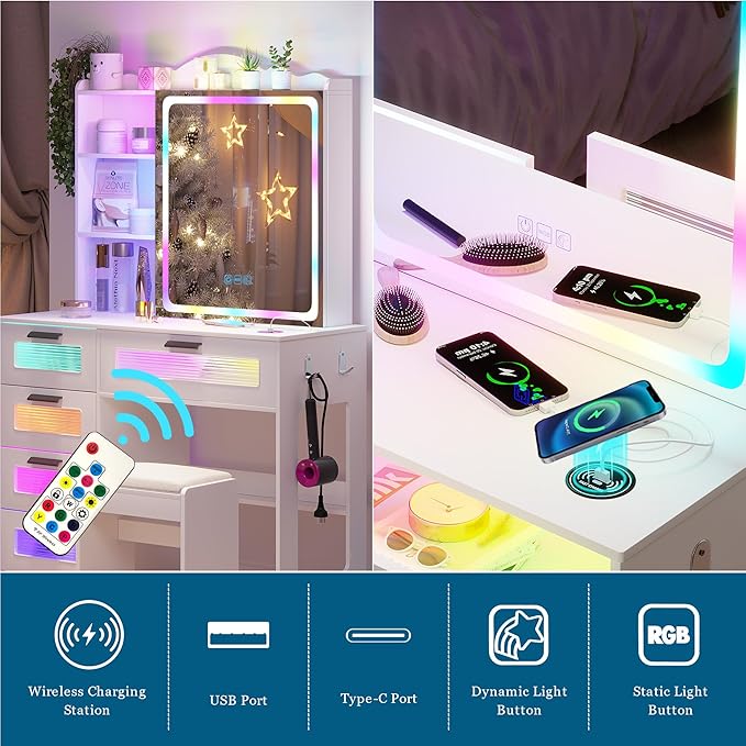 Vanity Desk with Lights and Sliding Mirror, Makeup Vanity Desk with Charging Station, Vanitys Dressing Table with Stool,LED Vanity Set with Large Drawers&Shelves for Bedroom, Decor, White