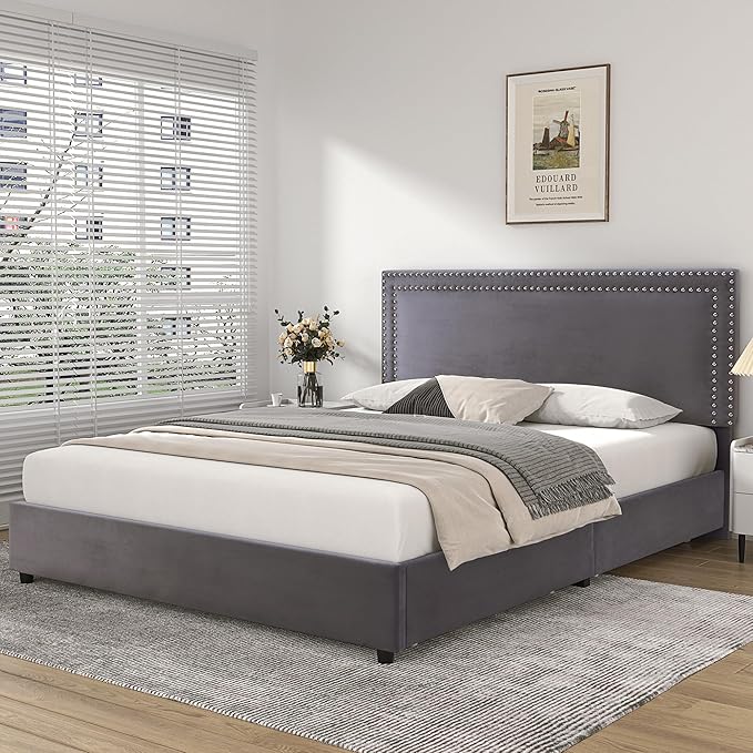 VECELO Full Size Upholstered Platform Bed Frame with 4 Storage Drawers, Adjustable Velvet Rivets Headboard, Wooden Slats Support, No Box Spring Needed, Easy Assembly