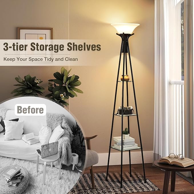 Floor Lamp with Shelves, 69” Tall Torchiere Floor Lamps for Living Room, 3-Tier Glass Shelf Lamp, Black Standing Lamp with Plastic Shade, Lamps for Bedroom, Office, 3 Color Temperatures Bulb Include