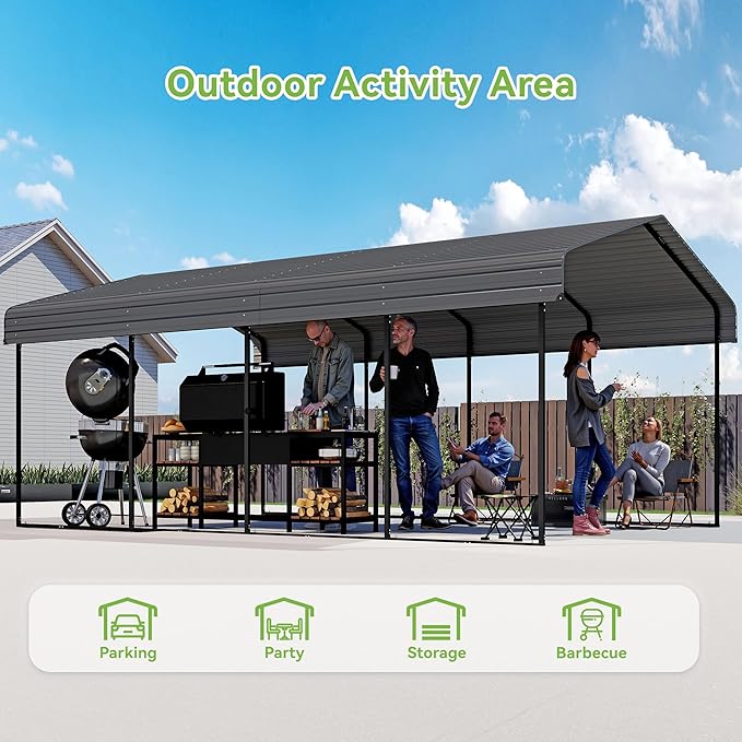 Real Relax 12x20FT Heavy Duty Metal Carport, Outdoor Carport Canopy with Galvanized Steel Roof and Reinforced Base for All-Weather, Garage Shelter Shade for Trucks, Boats, Party, Gray