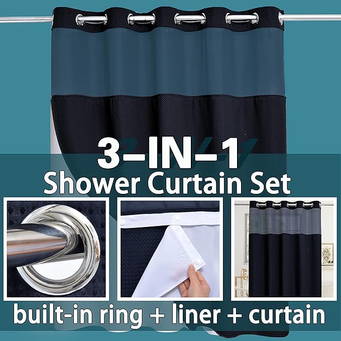 Extra Long No Hook Waffle Weave Shower Curtain with Snap in Liner Set, Hotel Luxury Black Shower Curtains for Bathroom with See Through Top Window, Waterproof, Washable 71W x 84H