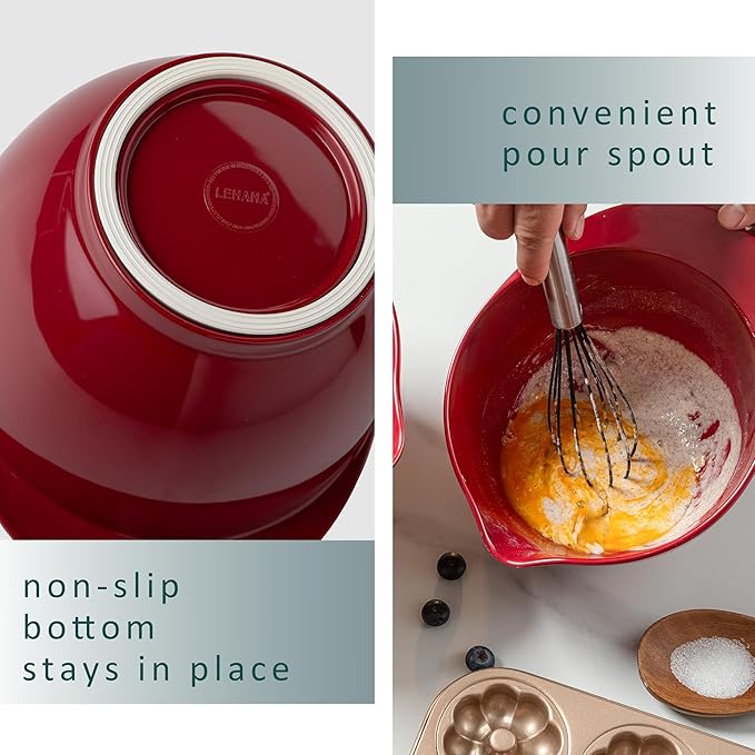 LEHAHA Set of 3 Melamine Mixing Bowls with Pour Spout, Non-Slip, BPA Free, Nesting large Serving Bowl with big handle for Prepping, Baking, Cooking, Kitchen Cooking and Baking Supplies, Burgundy Red