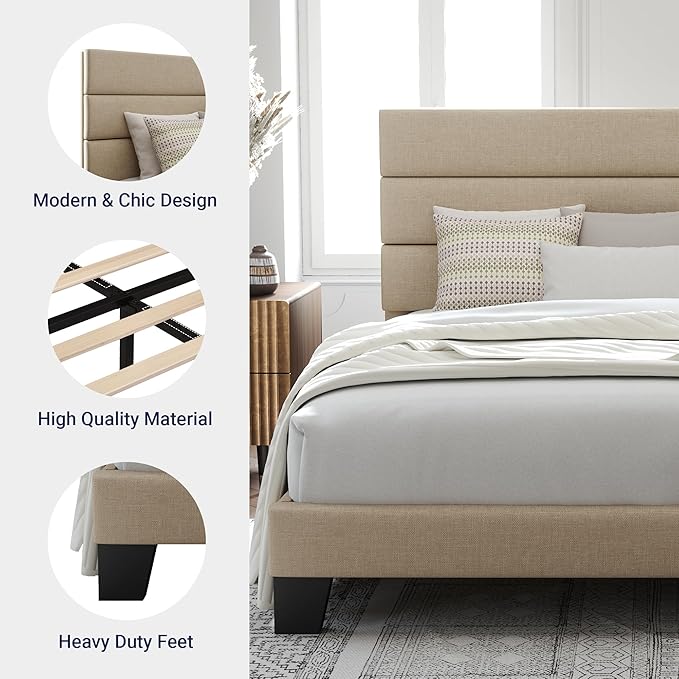 Allewie Queen Size Platform Bed Frame with Fabric Upholstered Headboard and Wooden Slats Support, Fully Upholstered Mattress Foundation/No Box Spring Needed/Easy Assembly, Beige