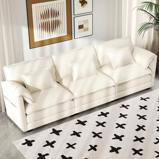 Real Relax 111'' Modular Sectional Sofa, 3 Seat Corduroy Convertible Couch with 6 Pillows and 2 Armrest Pillows for Living Room, Office and Leisure Places, Beige