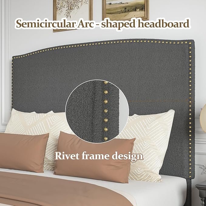 King Size Bed Frame and Headboard, 56" Upholstered Platform Bed with Nailhead Trim, Soft Boucle Fabric, No Box Spring Needed, Easy Assembly, Grey