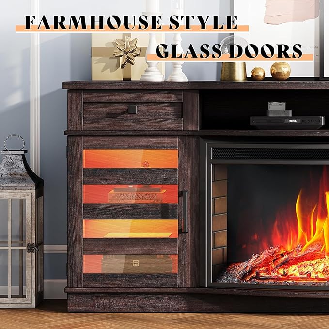 AMERLIFE 70" Farmhouse Fireplace TV Stand with 36'' Curved Electric Fireplace, LED Media Console with 2 Drawers & Adjustable Shelves, Fits 80'' TVs, Espresso