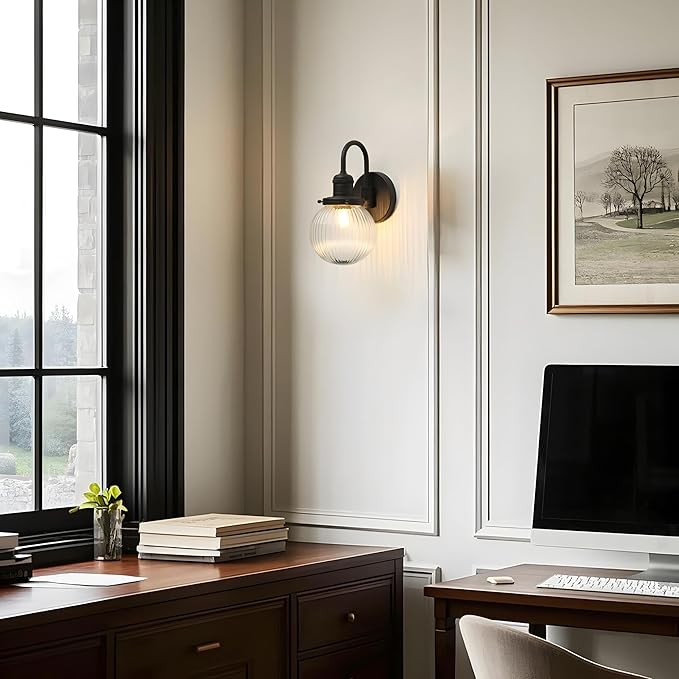 Industrial Vintage Gooseneck 1-Light Wall Sconce with 5.9" Round Ribbed Clear Glass Globe Lampshade Indoor Wall Mounted Lamp Fixture for Bedroom Living Room Bathroom Vanity