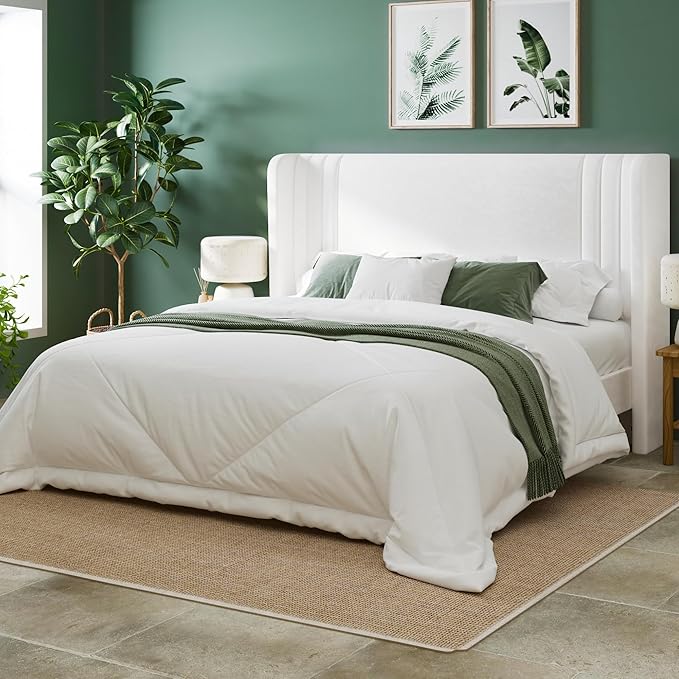 Allewie Queen Size Velvet Platform Bed Frame with Vertical Tufted Wingback Headboard, Easy Assembly, Under Bed Storage, No Box Spring Required, Modern Style, White