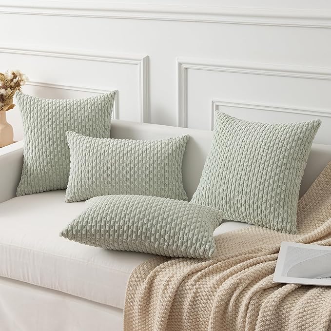 Kevin Textile 2 Packs Light Green Decorative Throw Pillow Covers 20x20 Inch for Living Room Couch Bed Sofa Spring Soft Striped Corduroy Square Cushion Case 50x50 cm Rustic Farmhouse Boho Home Decor