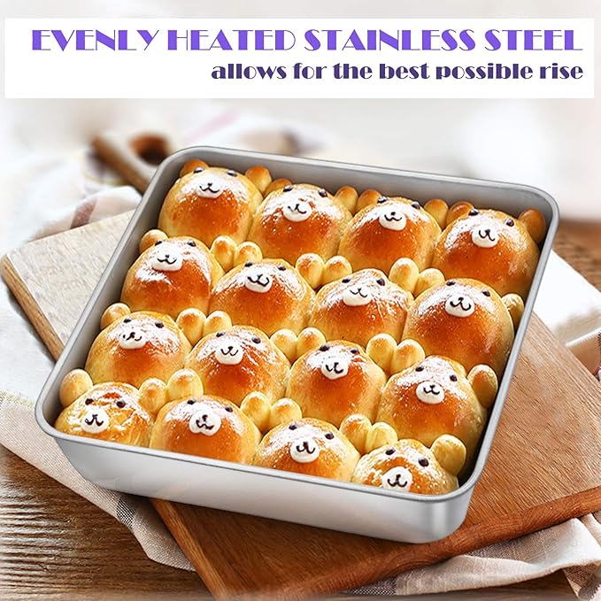 E-far 8 x 8-Inch Baking Pan, Square Cake Brownie Baking Pans Stainless Steel Bakeware Set of 3, Fits in Small Toaster Oven, Non-toxic & Dishwasher Safe
