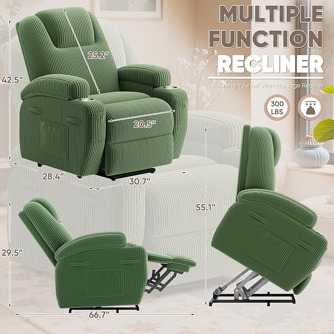 Power Lift Recliner Chair with Massage Electric Lift Chair for Elderly, Ergonomic Recliner with Cup Holders & Side Pockets, Modern Single Sofa for Living Room (Corduroy, Green)