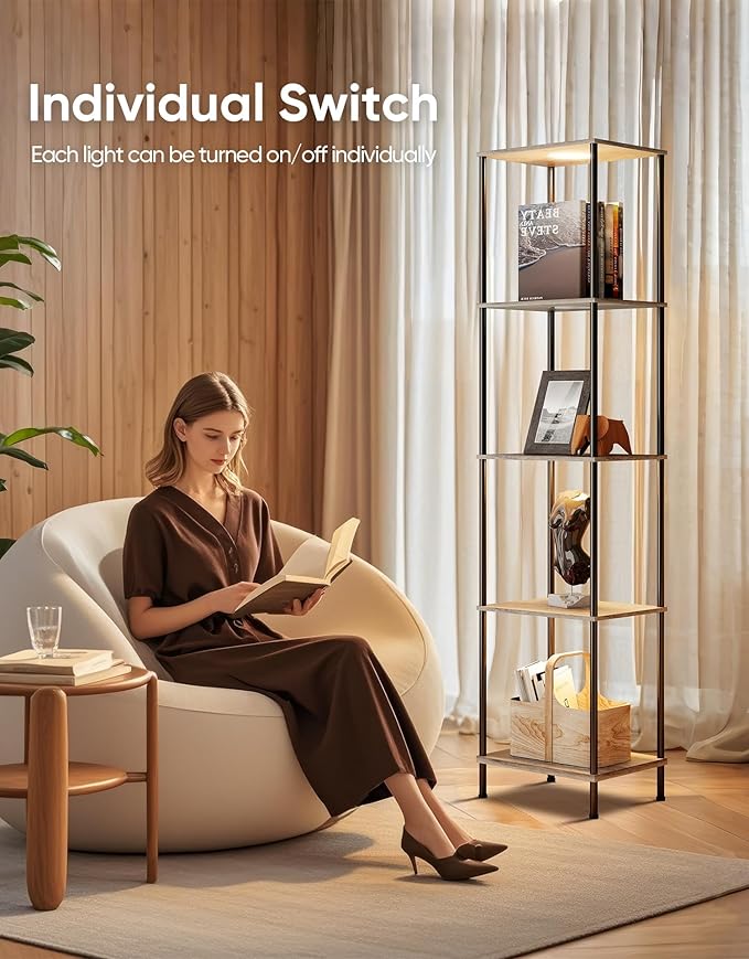 Display Shelf with RGBW Light, Color Changing Curio Cabinet Floor Lamp with Shelves Corner Standing Column Lamp Etagere Organizer Tower Nightstand Bookcase for Living Room Bedroom Office Décor, Gray