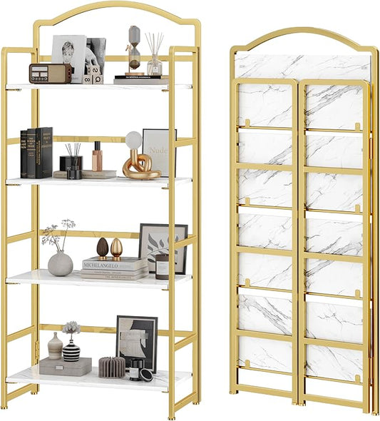 JSB No Assembly Folding Bookshelf, 4 Tier Book Shelf for Storage, Vintage Wood Foldable Bookcase for Living Room, Bedroom, Office Organization Shelves