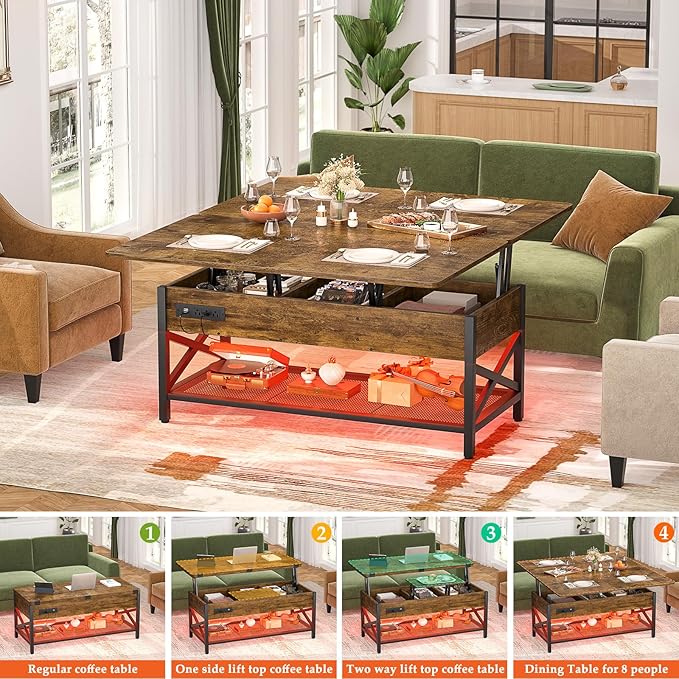 Aheaplus Coffee Table Lift Top with LED Light and Power Outlet, Multi-Function Coffee Table Converts to Dining Table, Center Table with Shelves for Living Room Reception Home Office, Rustic Brown