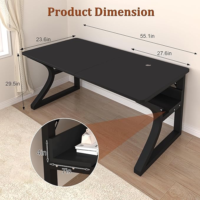 AZN Computer Desk, 55'' Computer Desk, Home Office Desks w/Storage, Home Office Desks w/U-Size Metal Frame for Home Office Bedroom, Study Writing Work Table w/Water-Resistant, Scratchproof Surface