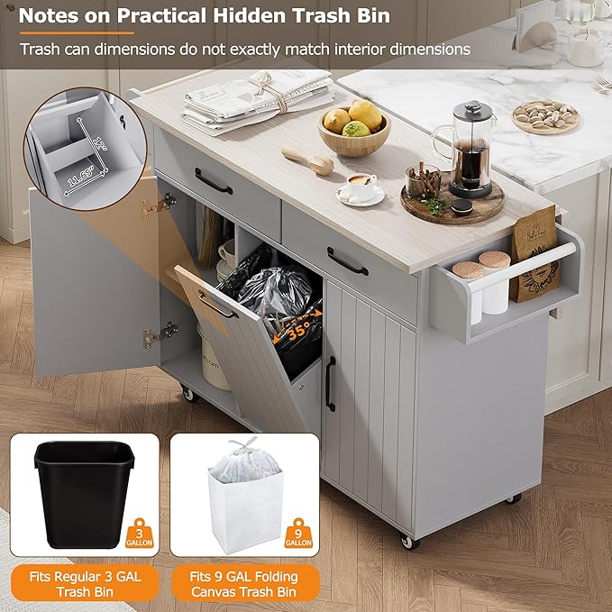 Kitchen Island with Storage & Drop Leaf, 51" Kitchen Rolling Island on Wheels with Spice Rack & Towel Rack, Kitchen Island Cart with Trash Can Storage, Grey