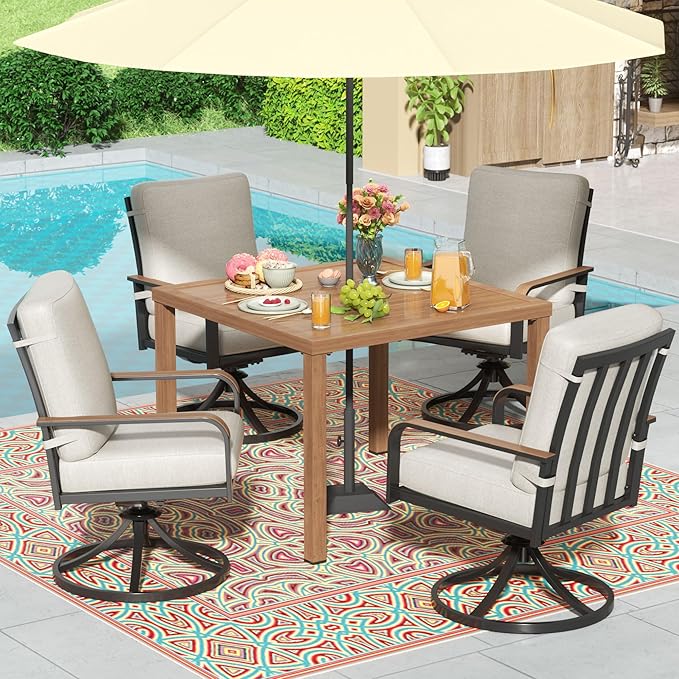 NATURAL EXPRESSIONS 5 Piece Outdoor Patio Dining Sets, 4pcs Swivel Dining Chairs & Square Woodgrain Dining Table with 1.65”Umbrella Hole for Lawn, Garden, Deck, Backyard and Porch