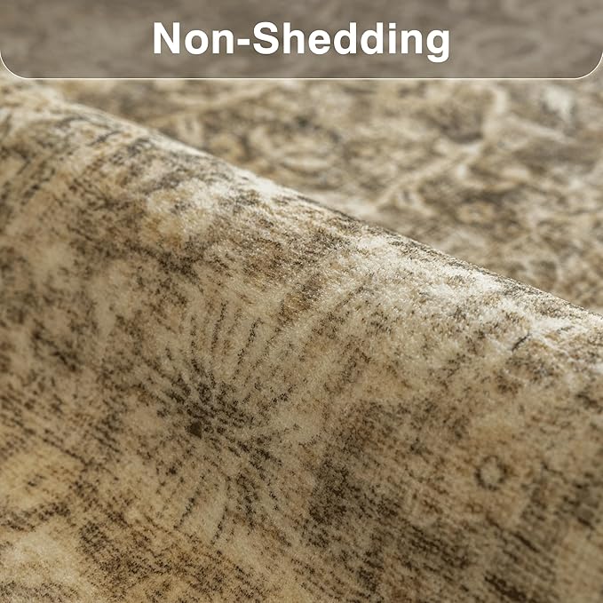 FMFUNCTEX 8ft Round Washable Area Rug Brown Vintage Neutral Distressed Large Non Slip Carpet for Living Room Bedroom Soft Low Pile Indoor Mat Retro Floral Throw Rug for Dining Kitchen Office Nursery