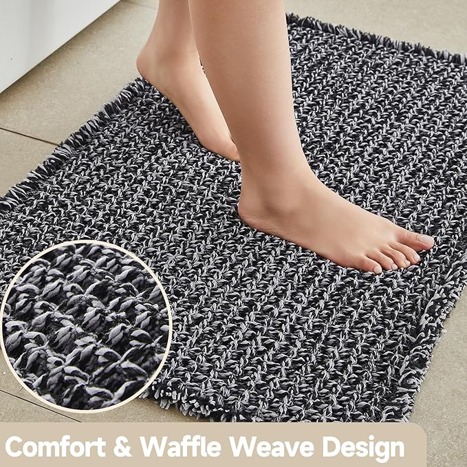 Black and White Bathroom Rugs, Waffle Runner Rug Bathroom Non Slip Washable Long Super Absorbent Quick Dry Boho Farmhouse Bath Decor, 60"x24" Black and White