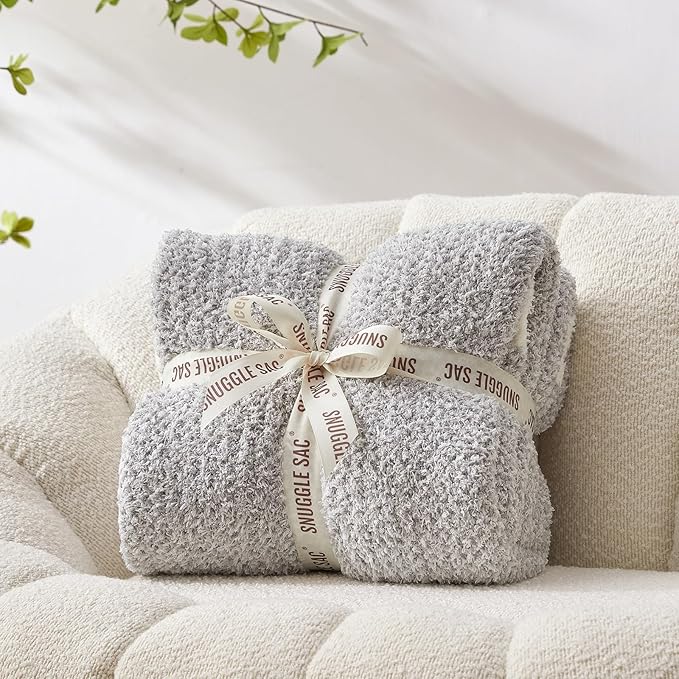 Snuggle Sac Buttery Grey Throw Blanket for Couch, Reversible Super Soft Warm Blankets Cozy Knit Fuzzy Plush Lightweight Throws for Sofa, Bed, Heather Grey, 50"x 60"