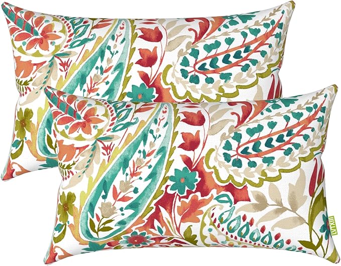 LVTXIII 12×20 Inch Outdoor Lumbar Pillows, Pack of 2 Water Repellent Lumbar Pillow with Inserts, Fluffy Decorative Garden Lumbar Cushions for Home Patio Coach Sofa Use, Pretty Paisley