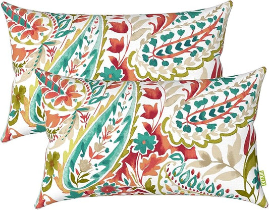 LVTXIII 12×20 Inch Outdoor Lumbar Pillows, Pack of 2 Water Repellent Lumbar Pillow with Inserts, Fluffy Decorative Garden Lumbar Cushions for Home Patio Coach Sofa Use, Pretty Paisley