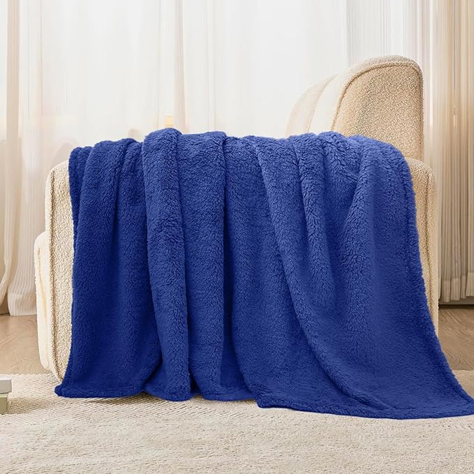 Sherpa Throw Blanket for Bed, Super Soft Cozy Fuzzy Plush Blankets for Winter, Reversible Thick Warm Blanket for Bed, Couch, Living Room, Navy, Queen Size 90"x 90"