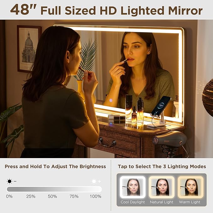 Vanity Desk with Mirror and Lights, 48'' LED Lights Farmhouse Makeup Vanity with 8 Drawers, Vanity Table with 3 Color Modes, Dressing Table with Glass Top and Power for Bedroom(Reclaimed Barnwood)