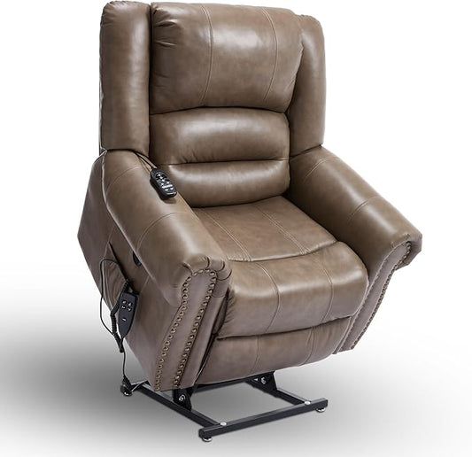 Power Lift Recliner Chair for Elderly, Dual Motor Massage Recliner with Lumbar Heat, Heavy Duty Motion Mechanism Lift Chair with Charge Ports, Genuine Leather - Brown