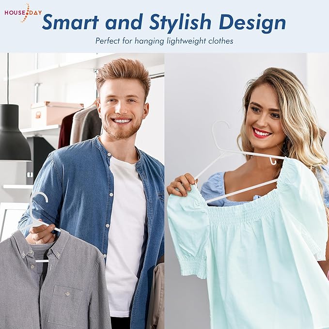 HOUSE DAY White Plastic Hangers 60 Pack, Clothes Hangers with Non Slip Hooks, Durable & Space Saving Coat Hanger, Light-Weight Clothing Hanger, Perfect Closet Organizer for Everyday Use