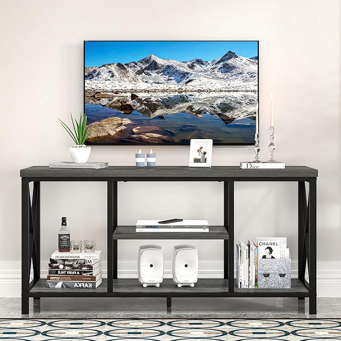 EXCEFUR Modern TV Stand for TV up to 55 Inch, Industrial Media TV Console Table with Storage Shelves, Entertainment Center for Living Room Bedroom, Rustic Grey 47 Inch