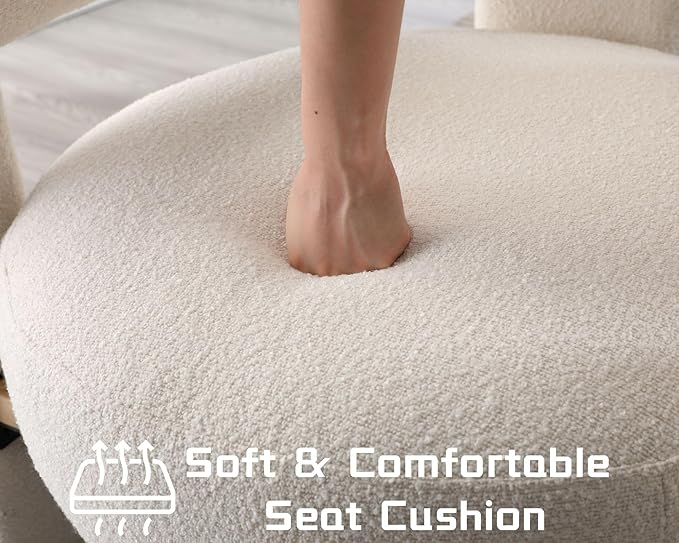 White Boucle Barrel Accent Chair, Comfy Upholstered Living Room Chair Mid-Century Modern Reading Chair with Open Back Round Corner Armchair, Side Sitting Lounge Chair for Bedroom/Office