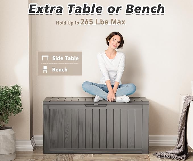 75 Gallon Outdoor Storage Box, Waterproof Resin Deck Box with Lockable Lid, Patio Furniture Side Table & Storage Bin for Package Delivery, Patio Cushions, Garden Tools, Pool Accessories, Grey