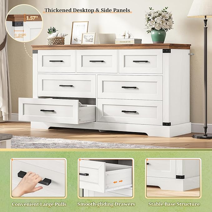 Hasuit White Dresser for Bedroom, Wooden 55.1" Long Dressers Chest of Drawer, Farmhouse 7 Drawer Dresser with Thick Styling, Large Capacity Storage Cabinet Organizer, Wide Dressers for Bedroom Hallway