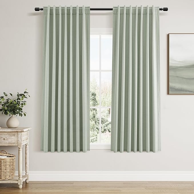 Guken Blackout Curtains 63 Inch Length 2 Panels Set for Living Room Bedroom Back Tab Thermal Insulated 100% Black Out Linen Drapes Room Darkening Window Curtains 63 Inches Long,Mist Sage
