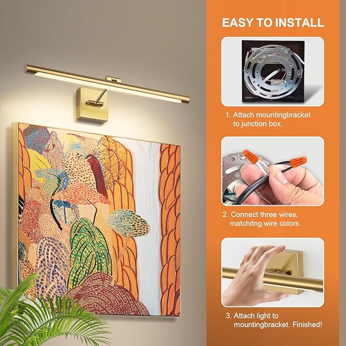 Joosenhouse LED Picture Light Fixtures Dimmable 24.4 Inches, Full Metal Artwork Display Lamp with Single Swing Arm, 14W (70W Eqv), Hardwired Connection, 3000K Warm White, Golden-Like Brass Finish