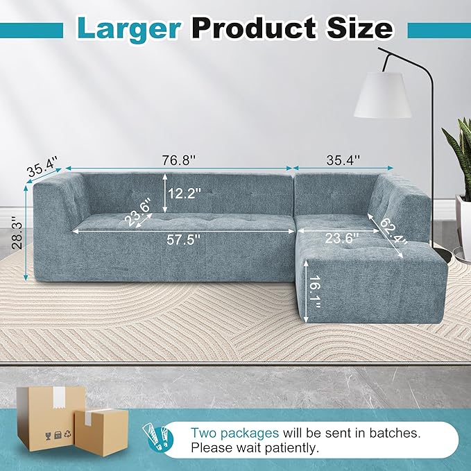 Sectional Couches for Living Room 112" L Shaped Cloud Couch Modern Modular Sectional Sofa Bad, Boneless Couch with Deep Seat, No Assembly Required (Chenille, Blue Gray)