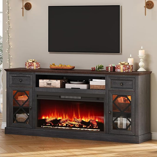 Farmhouse 70" Fireplace TV Stand with 37" Electric Fireplace, Large LED Entertainment Center with Storage for 80" TVs, TV Console Cabinet with Diamond Door for Living Room, Dark Grey