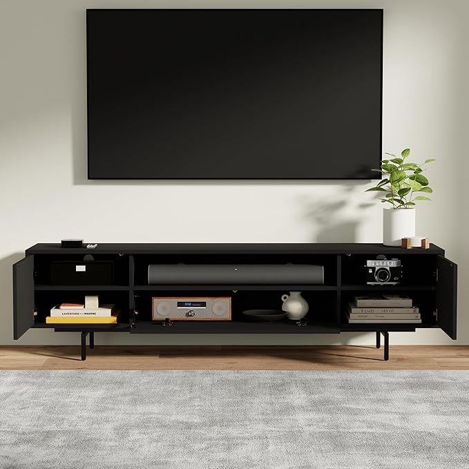 Norrhaus 75-Inch Modern TV Stand – Black Finish, 20-Inch Height, No Tools Assembly Technology, Storage Cabinets with Center Channel Speaker Shelf, Mid-Century Modern Design