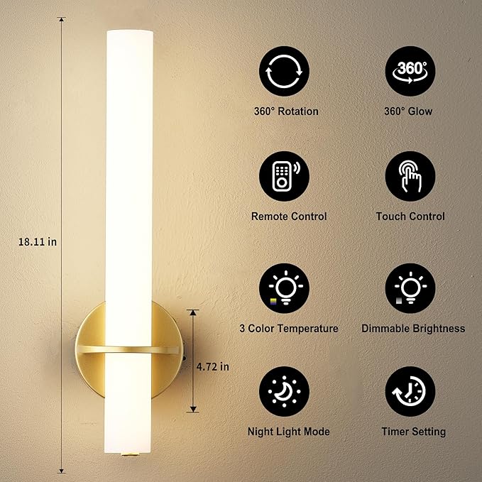 Gold Battery Operated Sconce Set of 2, Rechargeable Wireless Wall Lights with Remote Control,Dimmable,3000K-6000K,360° Rotation, Cordless Lighting for Living Room,Bedroom,Hallway,18 Inch
